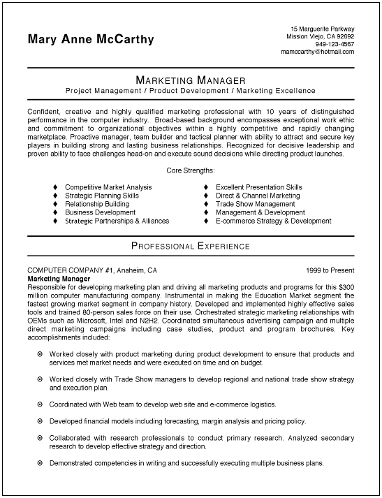 marketing manager resume format