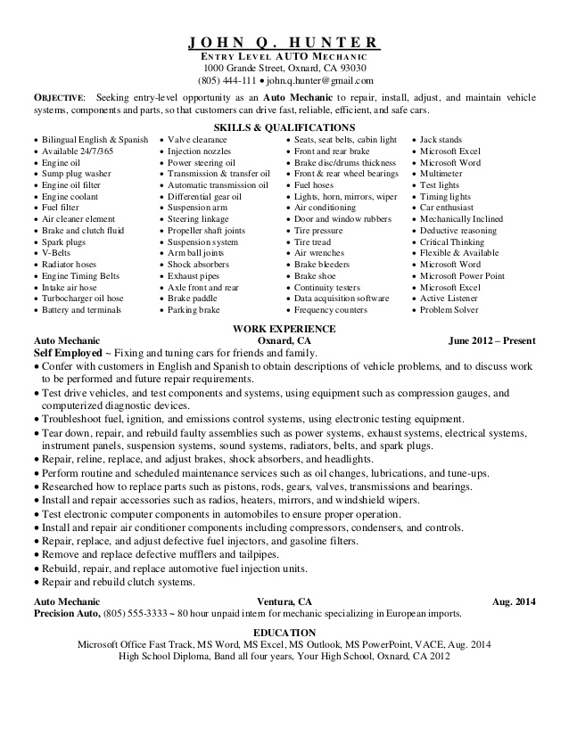 auto mechanic resume example