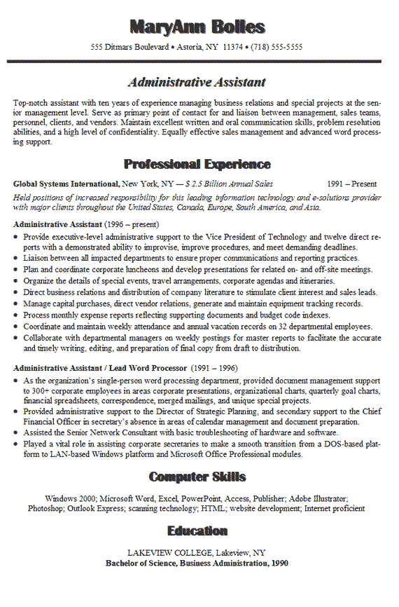 administrative assistant resume sample 1 experienced administrative