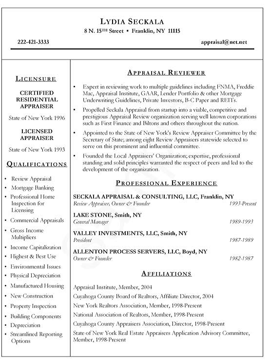 real estate appraiser resume example