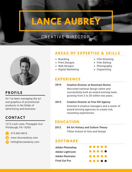 yellow creative director photo resume templates by canva