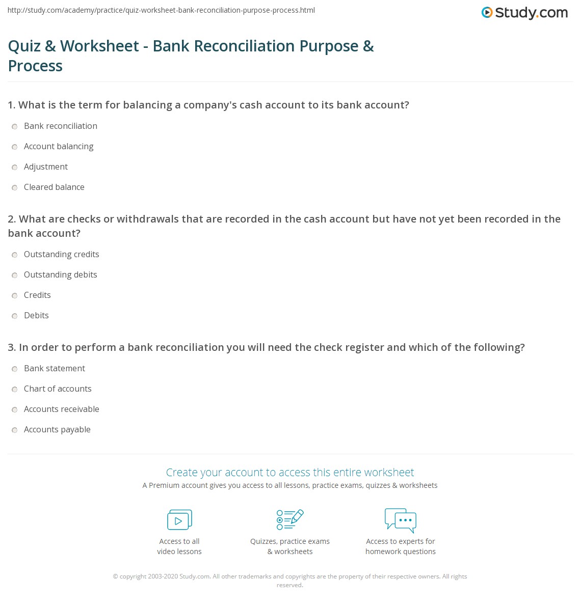 quiz worksheet bank reconciliation purpose process study com