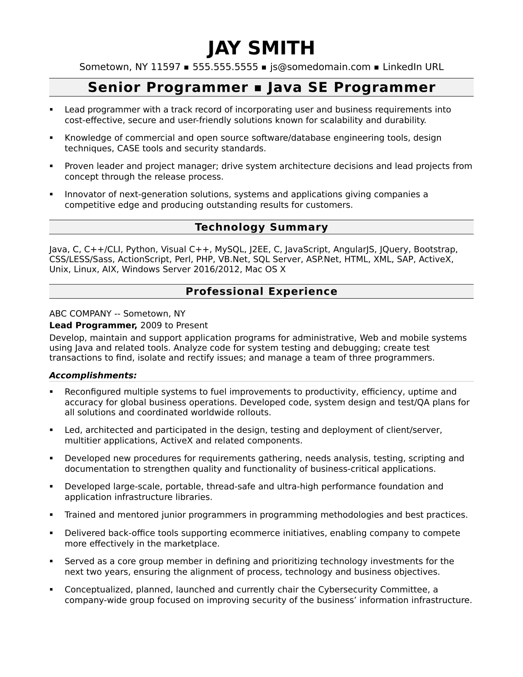 sample resume for an experienced computer programmer monster com
