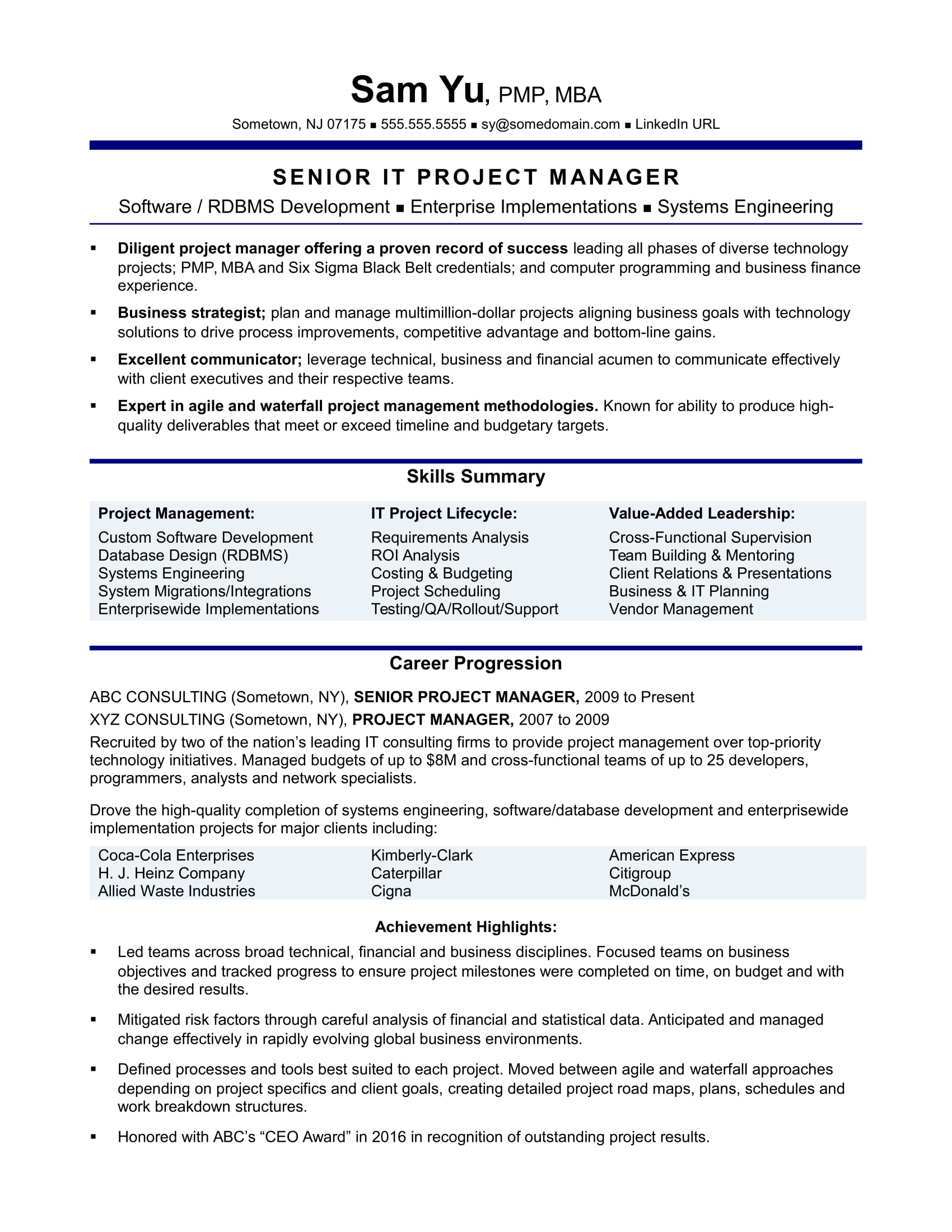 experienced it project manager resume sample monster com