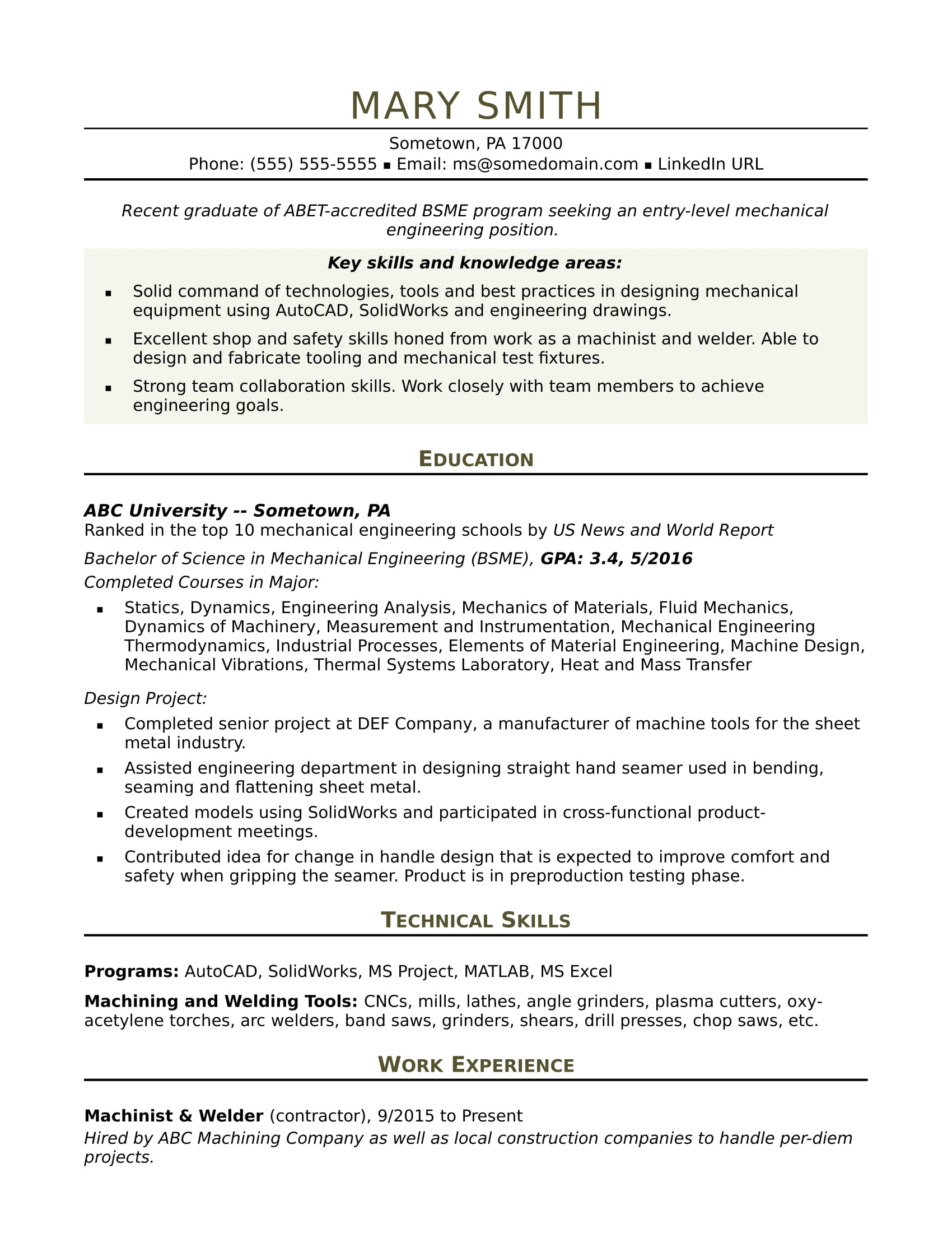 sample resume for an entry level mechanical engineer monster com