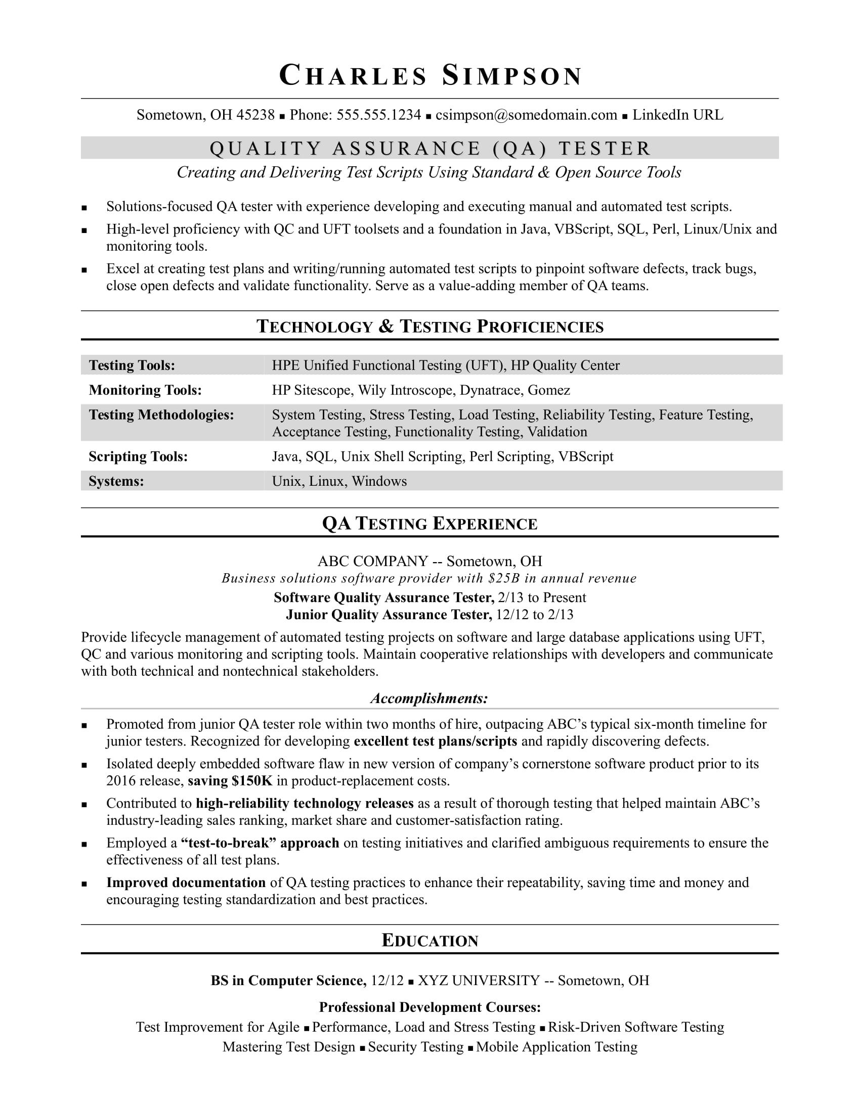sample resume for a midlevel qa software tester monster com