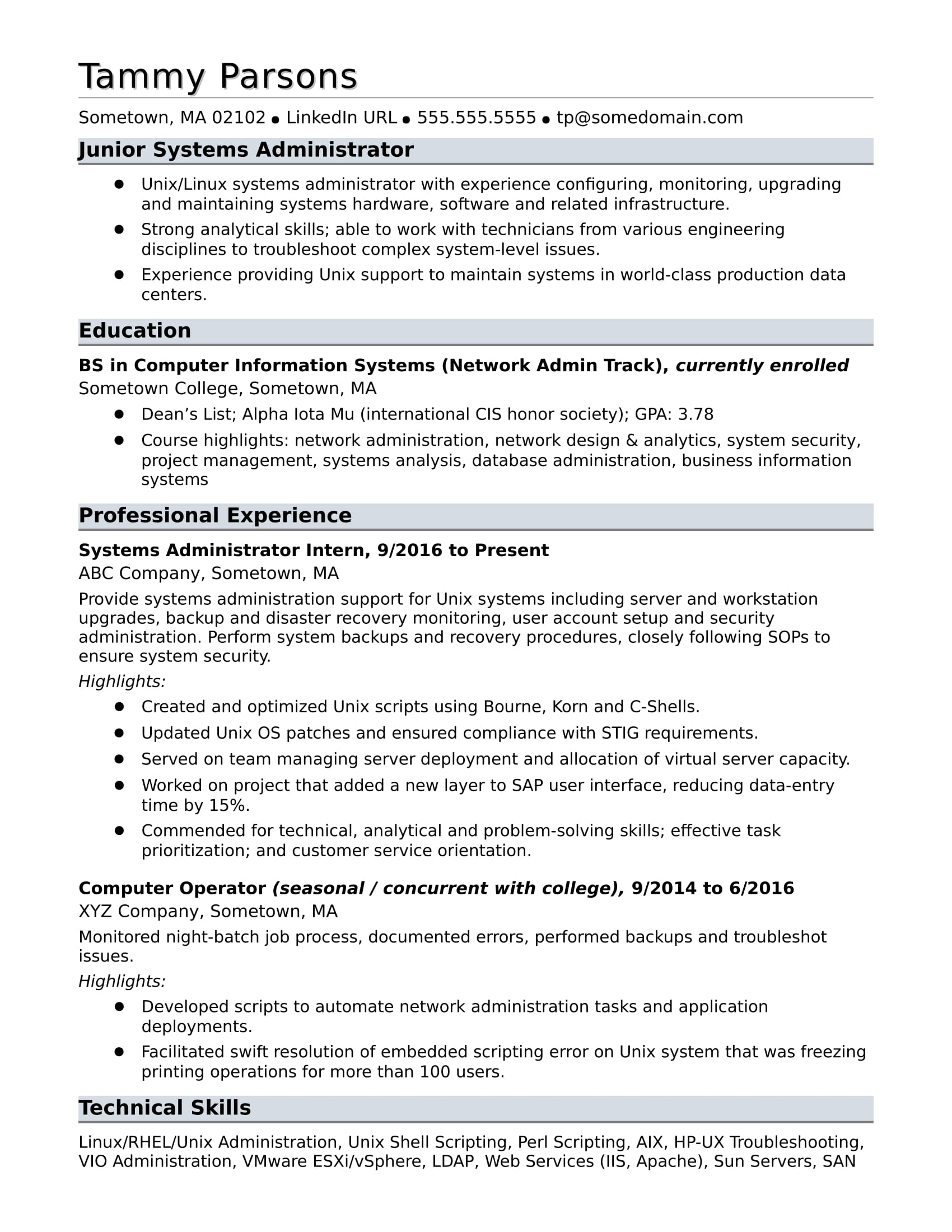 sample resume for an entry level systems administrator monster com