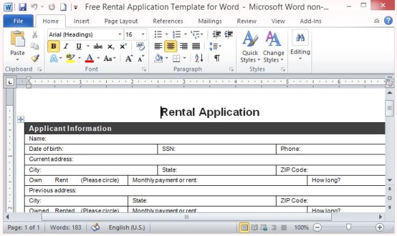 free rental application template for word