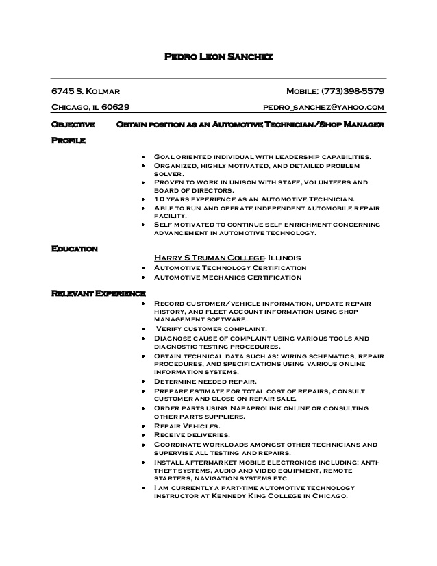 automotive technician resume template