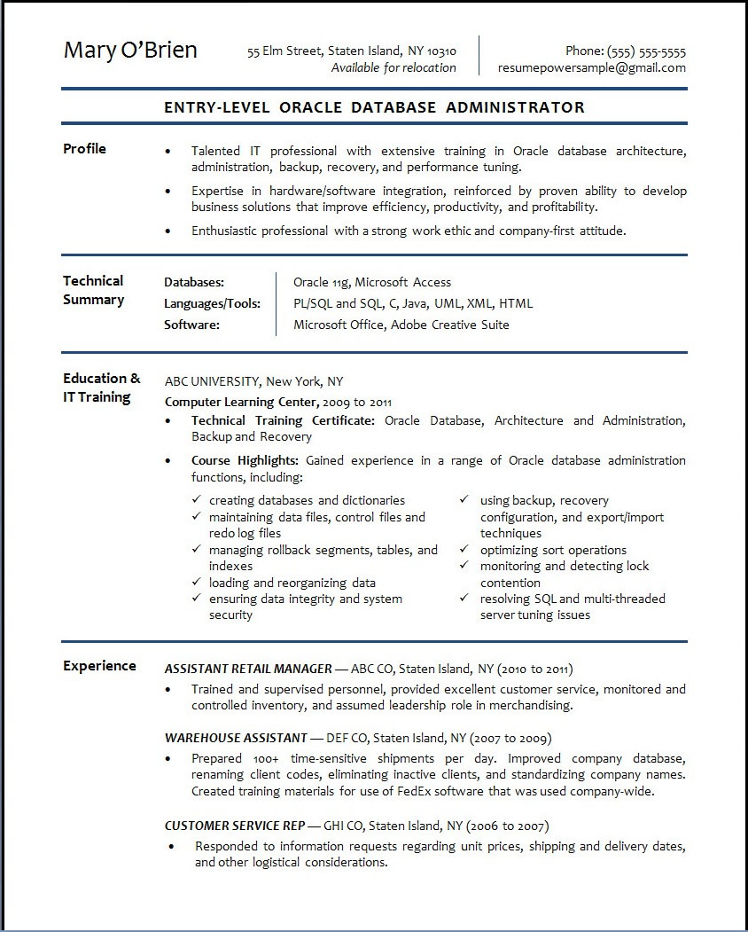 oracle database administrator sample resume resumepower