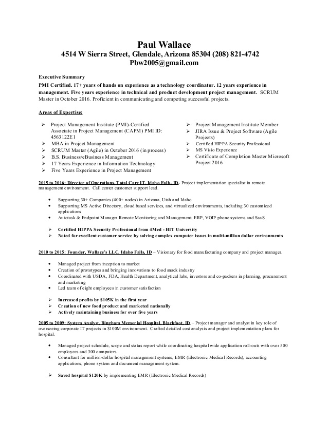 paul wallace pmi certified agile resume