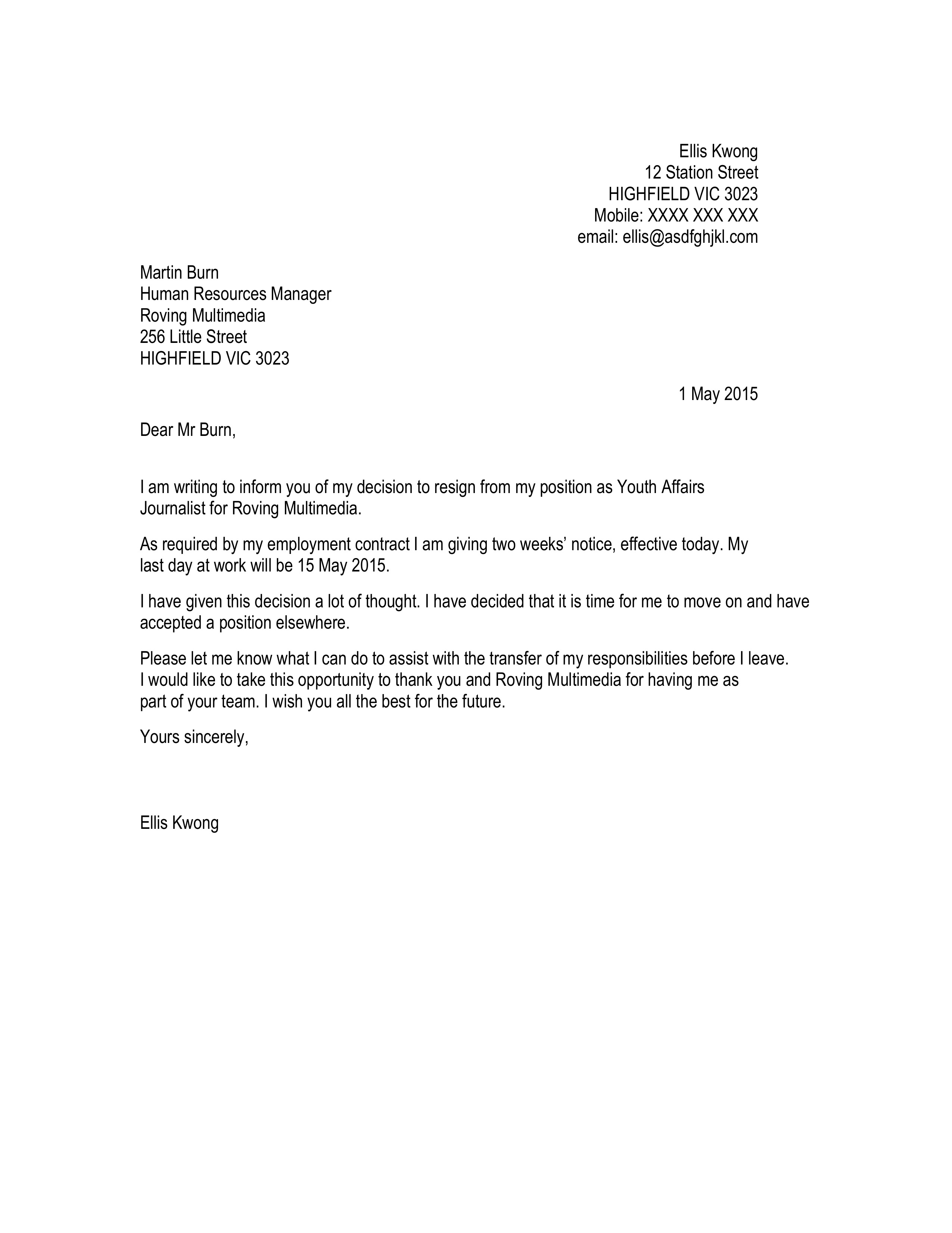 formal letter format resignation