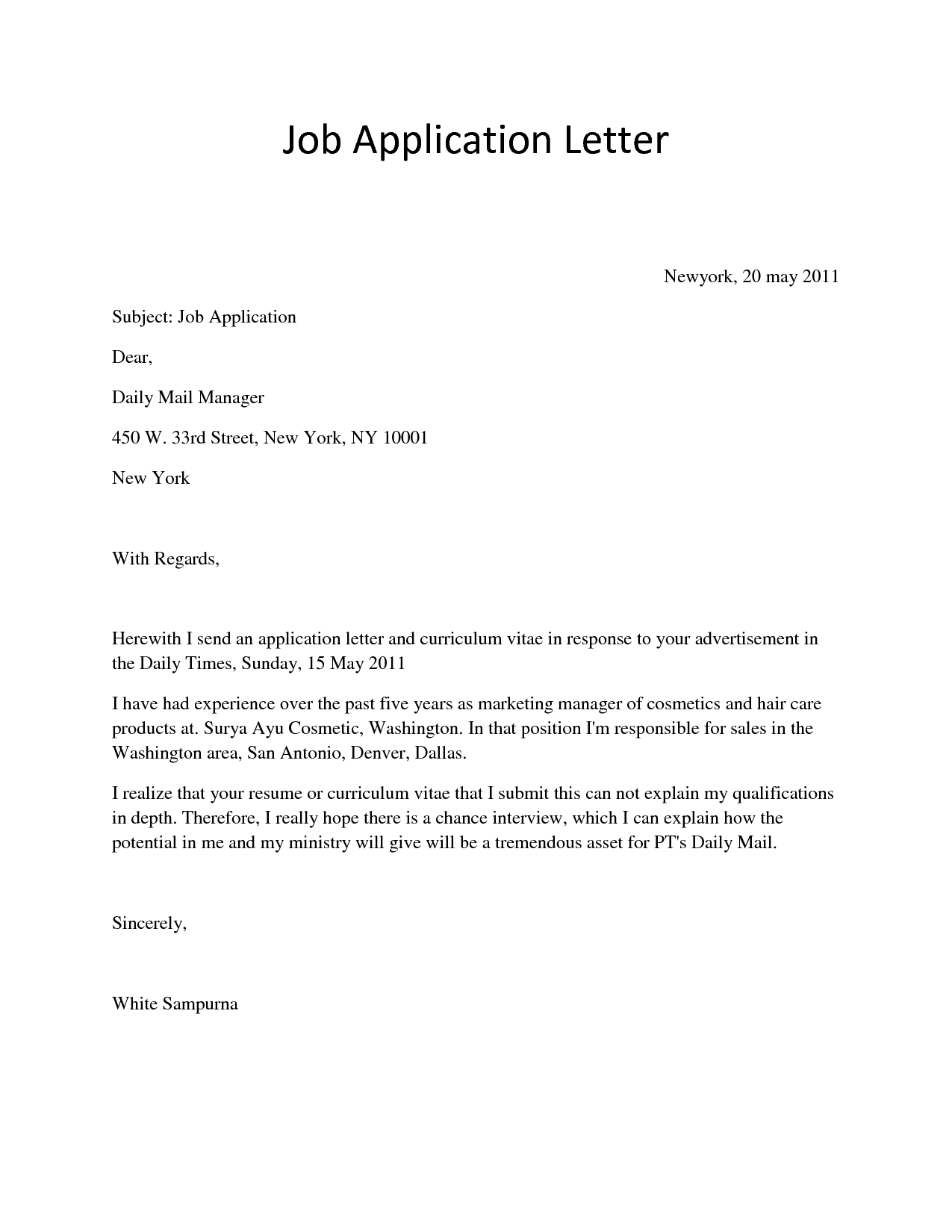 job application letter with resume sample