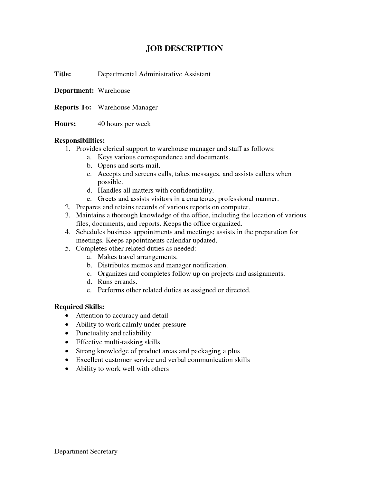 job description for administrative assistant for resume free