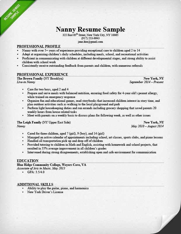 nanny resume example with professional profile and experience also