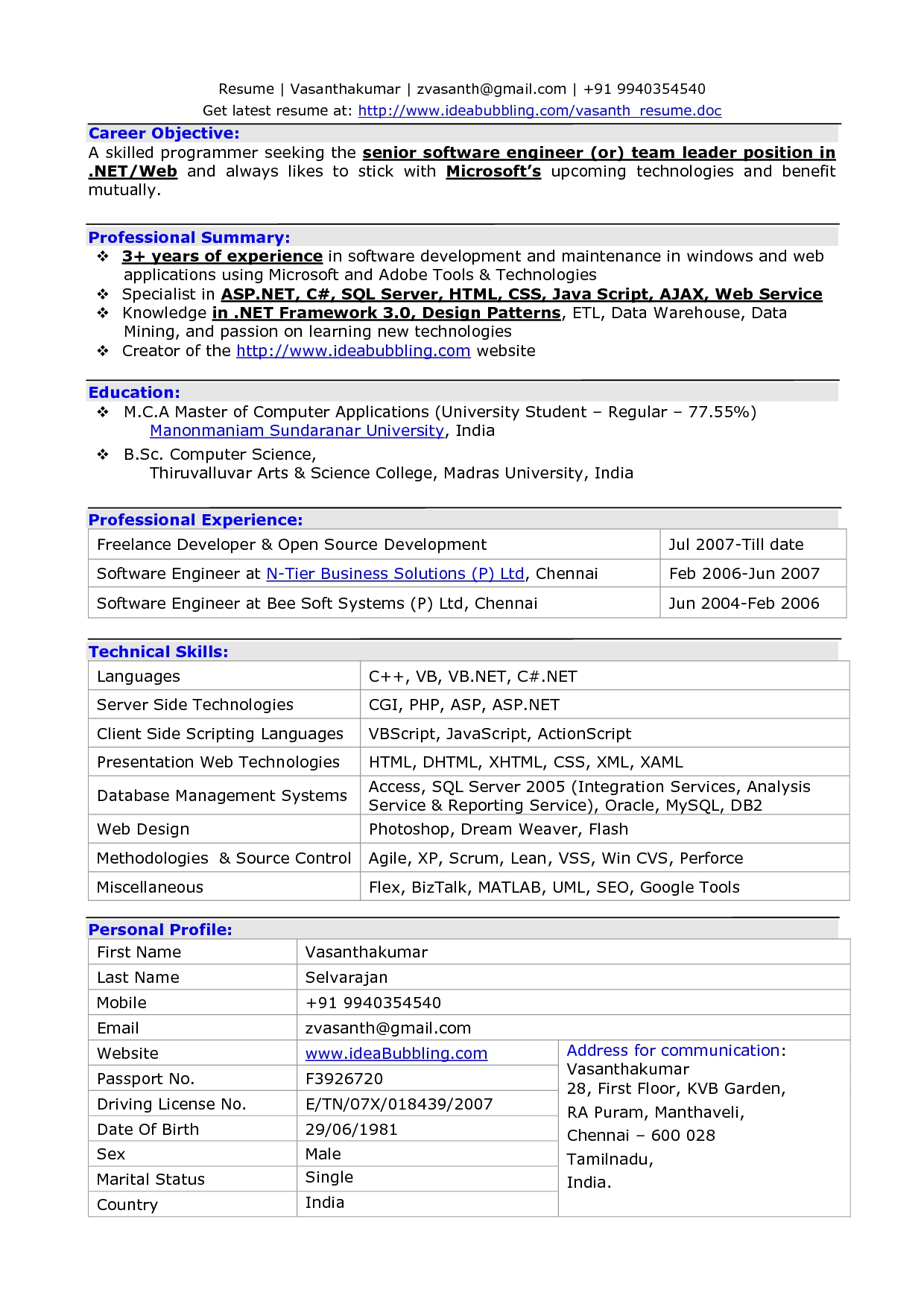 sample resume format for experienced resume for software developer