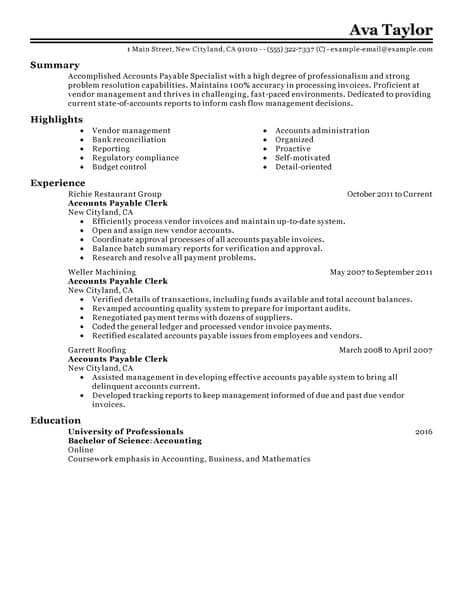 best accounts payable specialist resume example livecareer