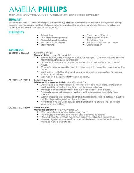 best restaurant assistant manager resume example livecareer