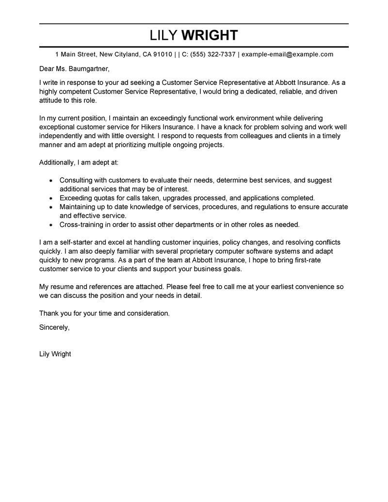 best customer service representative cover letter examples livecareer