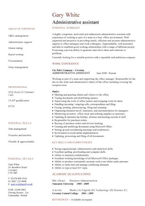 administrative assistant cv sample planning and organizing