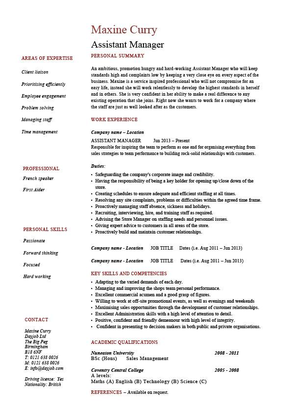 assistant manager cv template