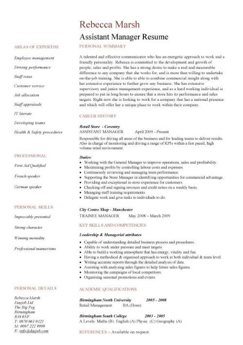 retail assistant manager resume job description example covering