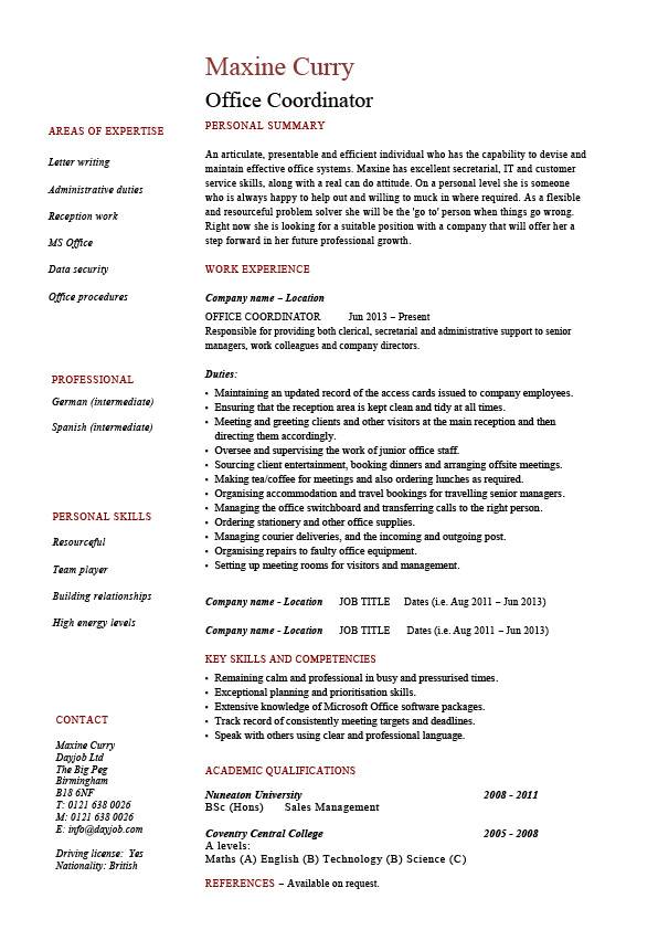 office coordinator resume example sample administration areas of