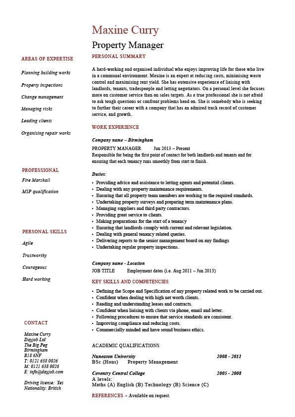 property manager resume example sample template job description