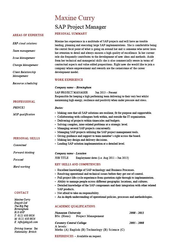 sap project manager resume sample job description career history cv