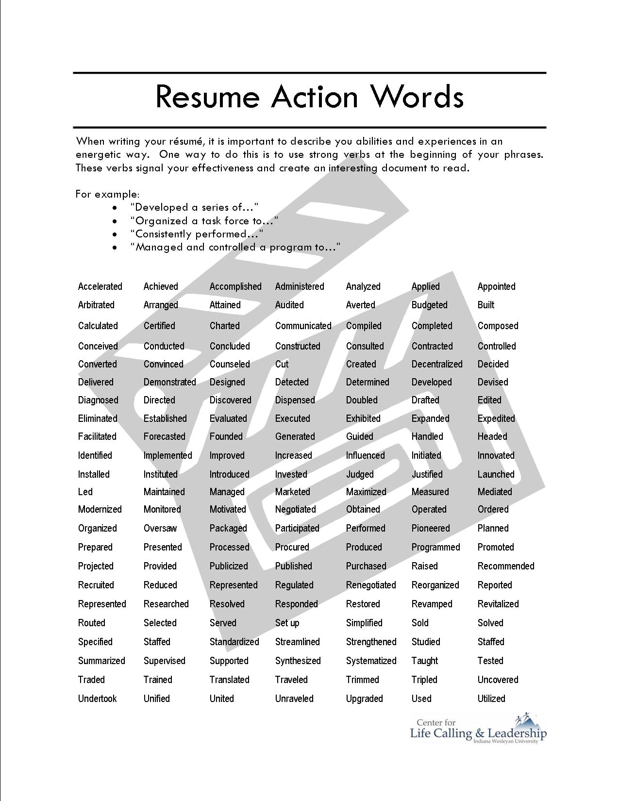 action verbs for resumes list free sample www