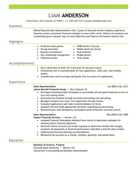resume sample for sales representative