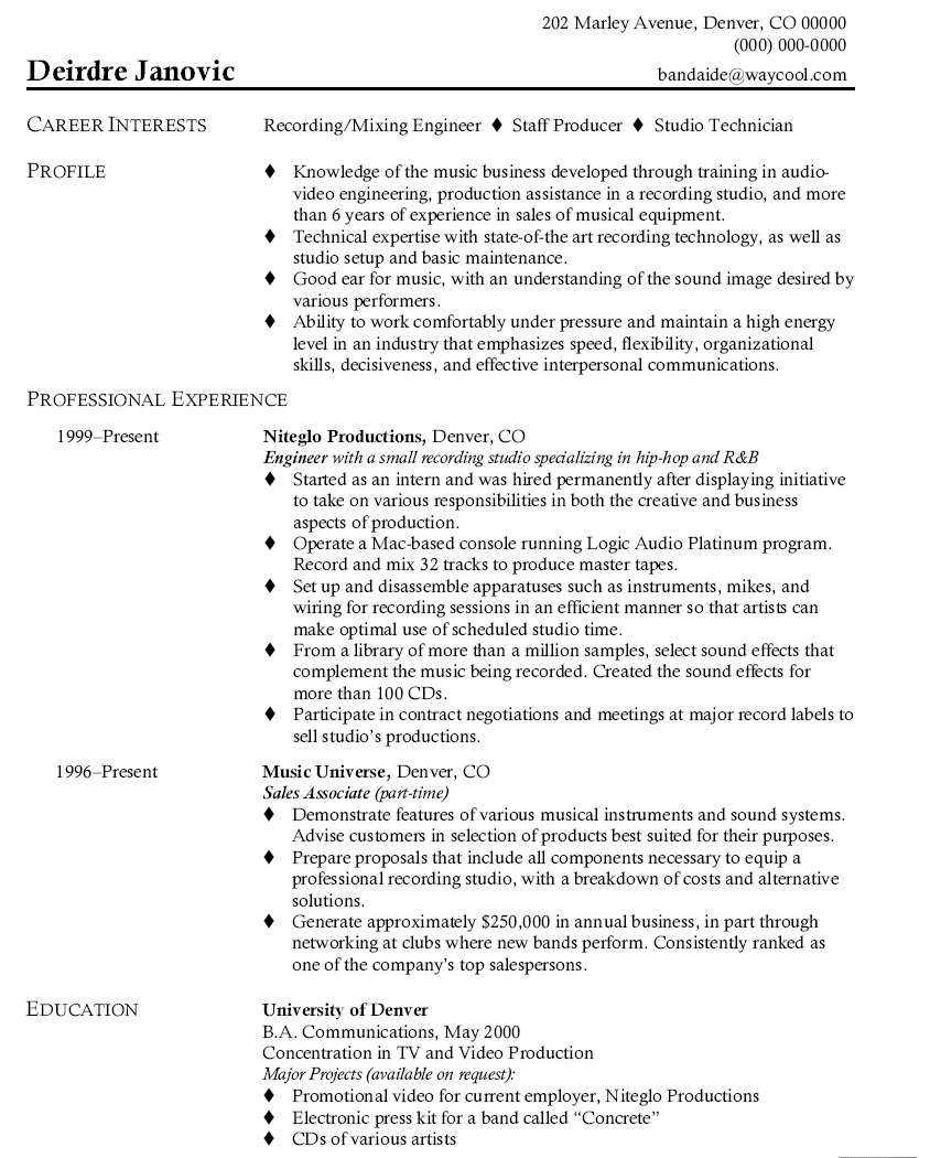 audio engineer resume sample april onthemarch co