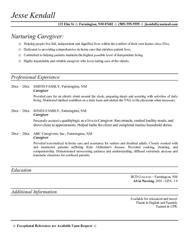 caregiver professional resume templates caregiver resume sample