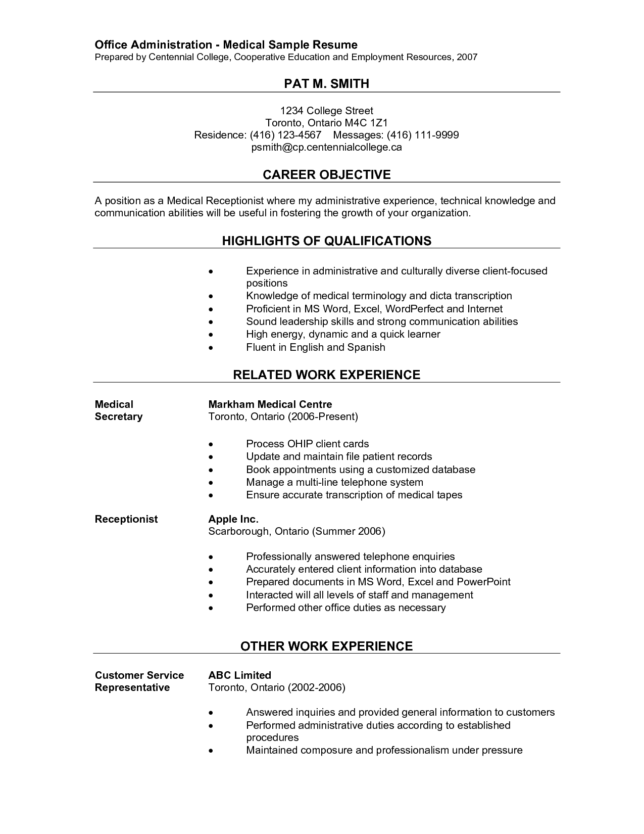 office administration medical sample resume prepared centennial