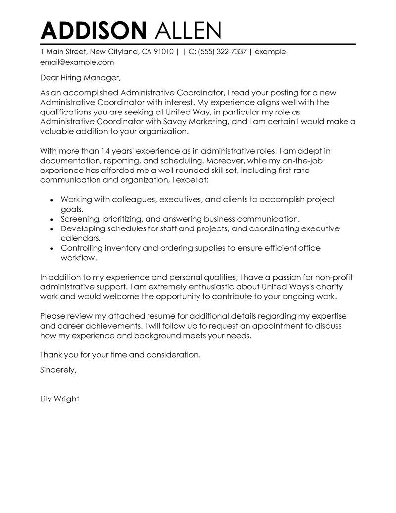 administrative coordinator cover letter examples administration