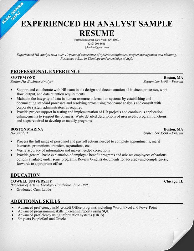 experienced hr analyst resumes resumecompanion com resume