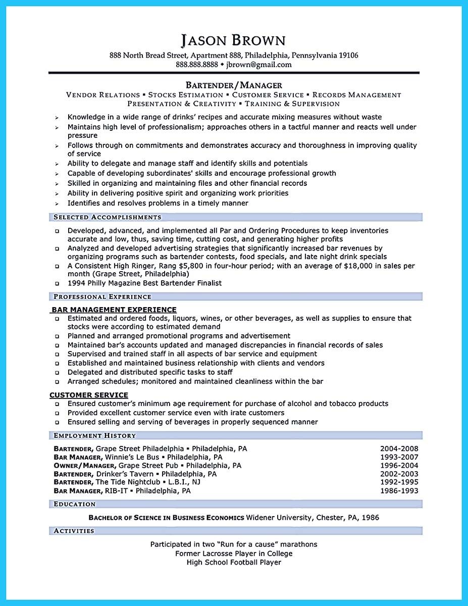 bartendending responsibilities resume sample and bartending resume