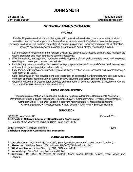 a resume template for a network administrator you can download it