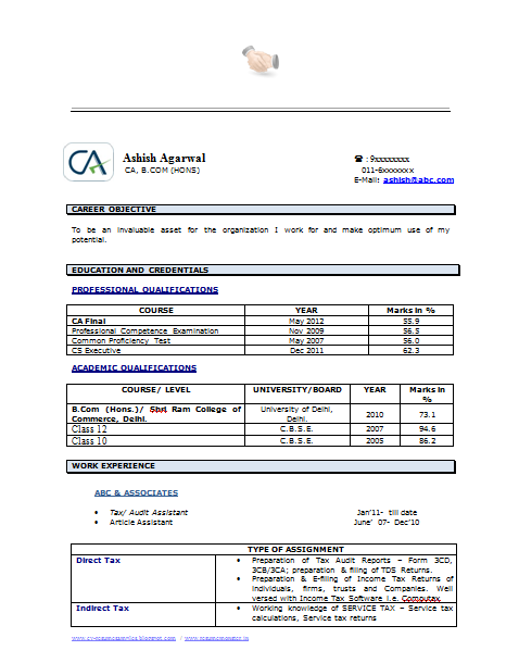 example template of an experienced chartered accountant resume with