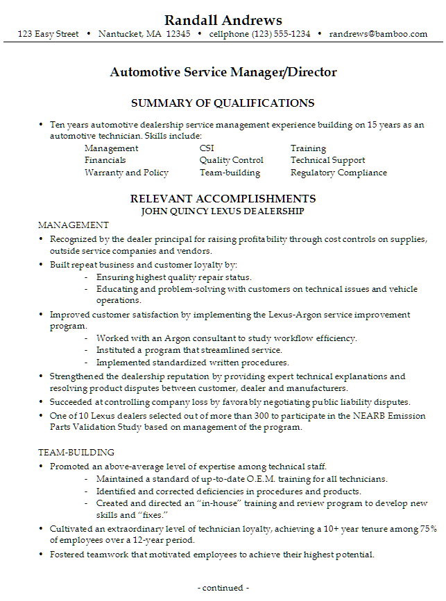 sample resume for someone seeking a job as an automotive service