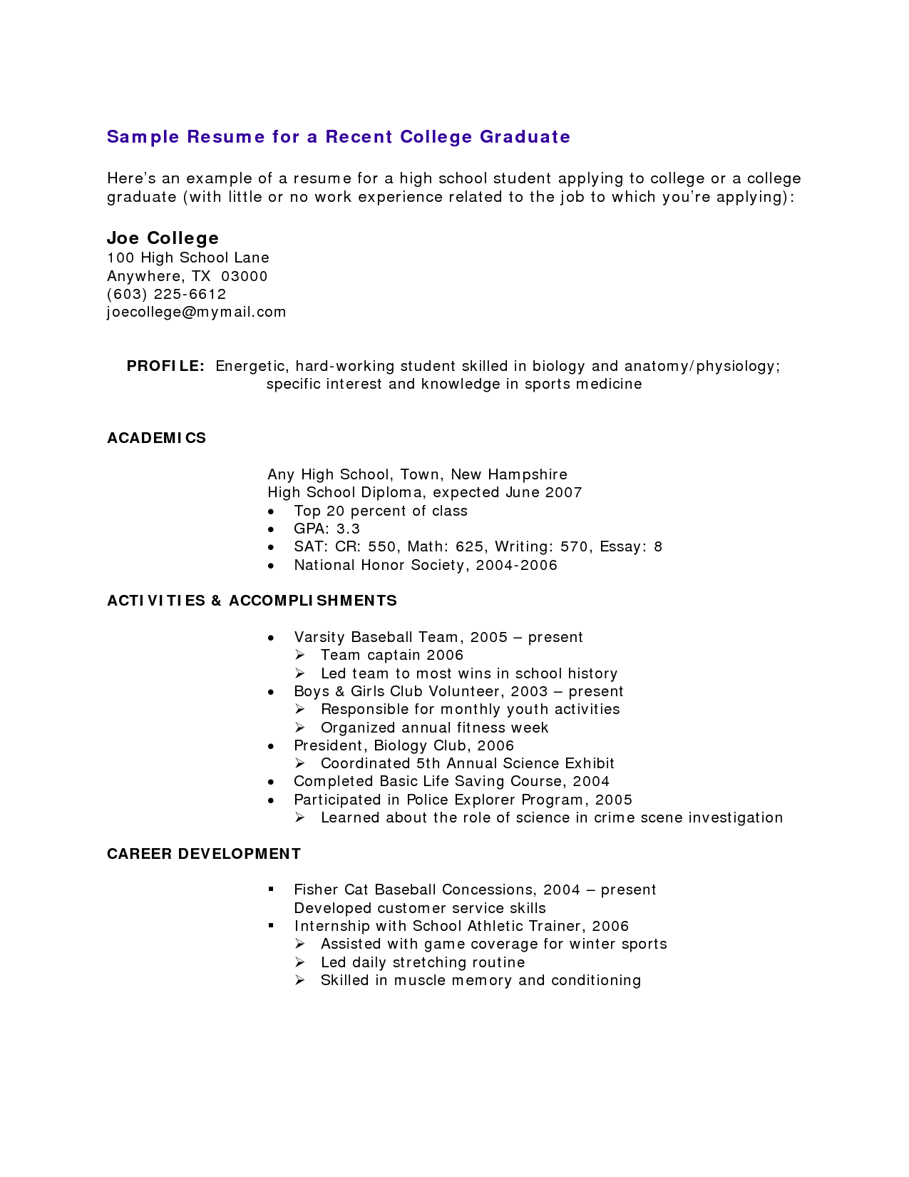 resumes samples for high school students with no experience http