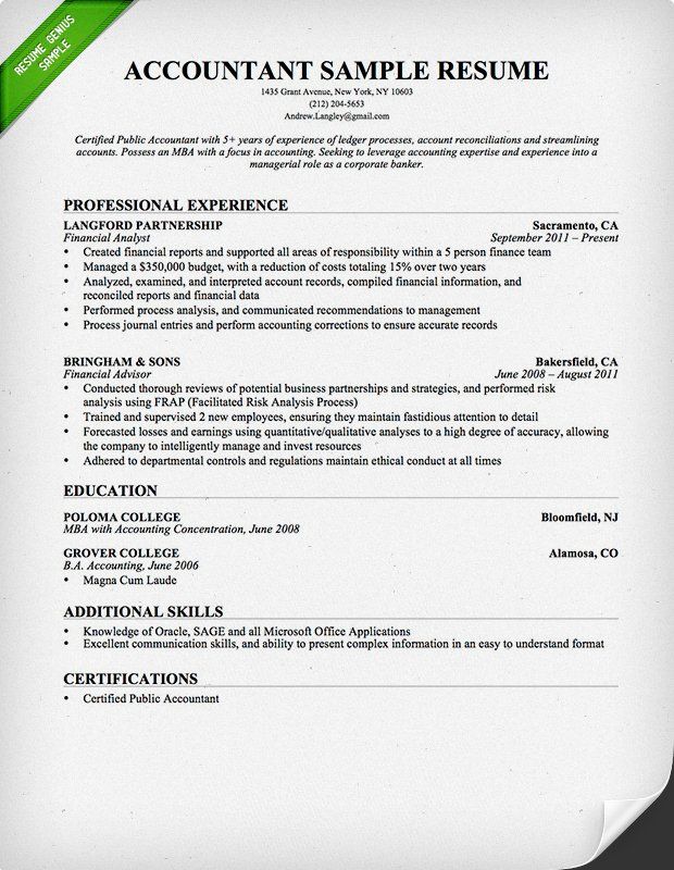 accountant resume sample resumes pinterest cover letter resume