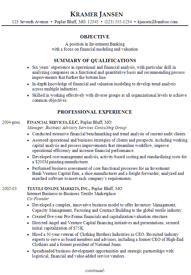 sample resume for someone seeking a job in investment banking with a