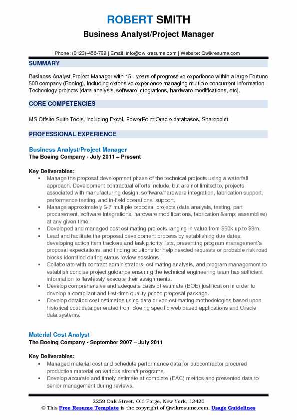 business analyst project manager resume samples qwikresume