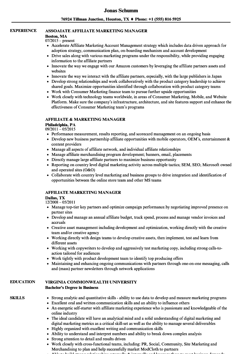 affiliate marketing manager resume samples velvet jobs