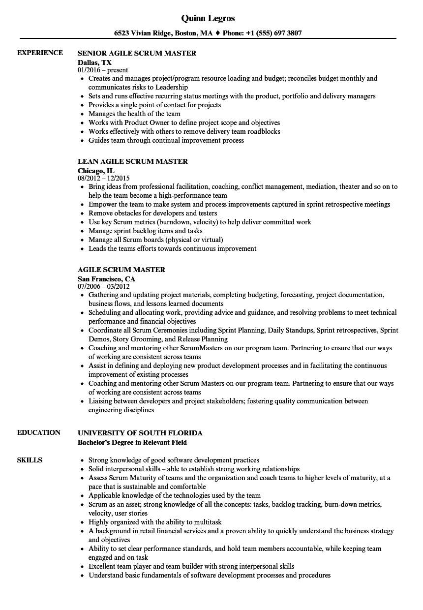 agile scrum master resume samples velvet jobs