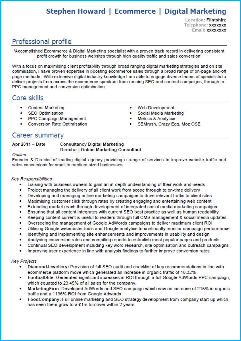 digital marketing cv example with writing guide and cv template