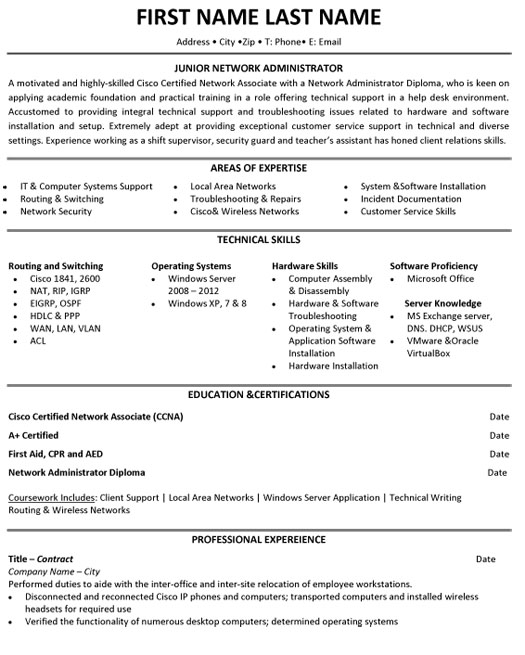 jr network administrator resume sample template