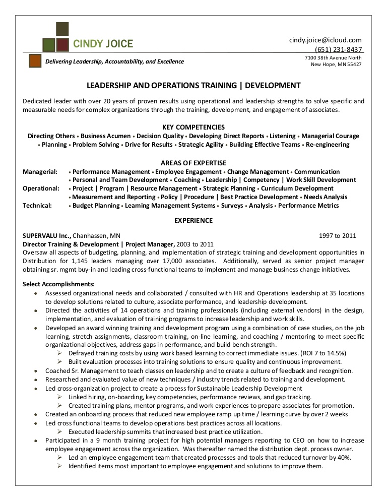 cindy joice resume for director of training and development