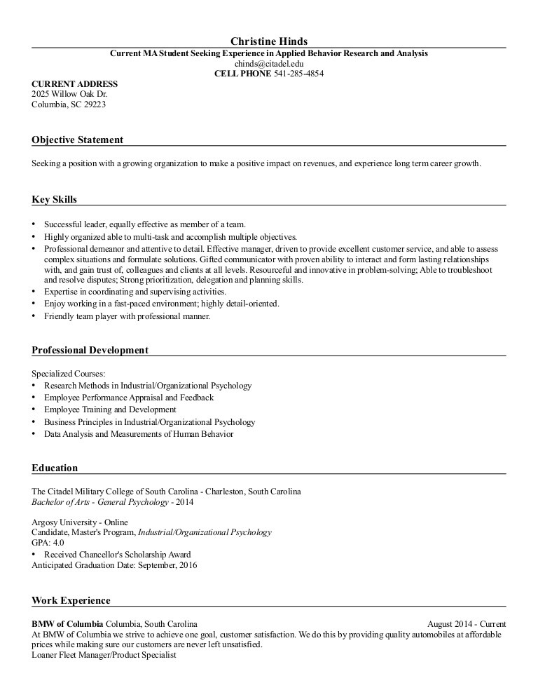 christine hinds resume with industrial organizational psychology ma d